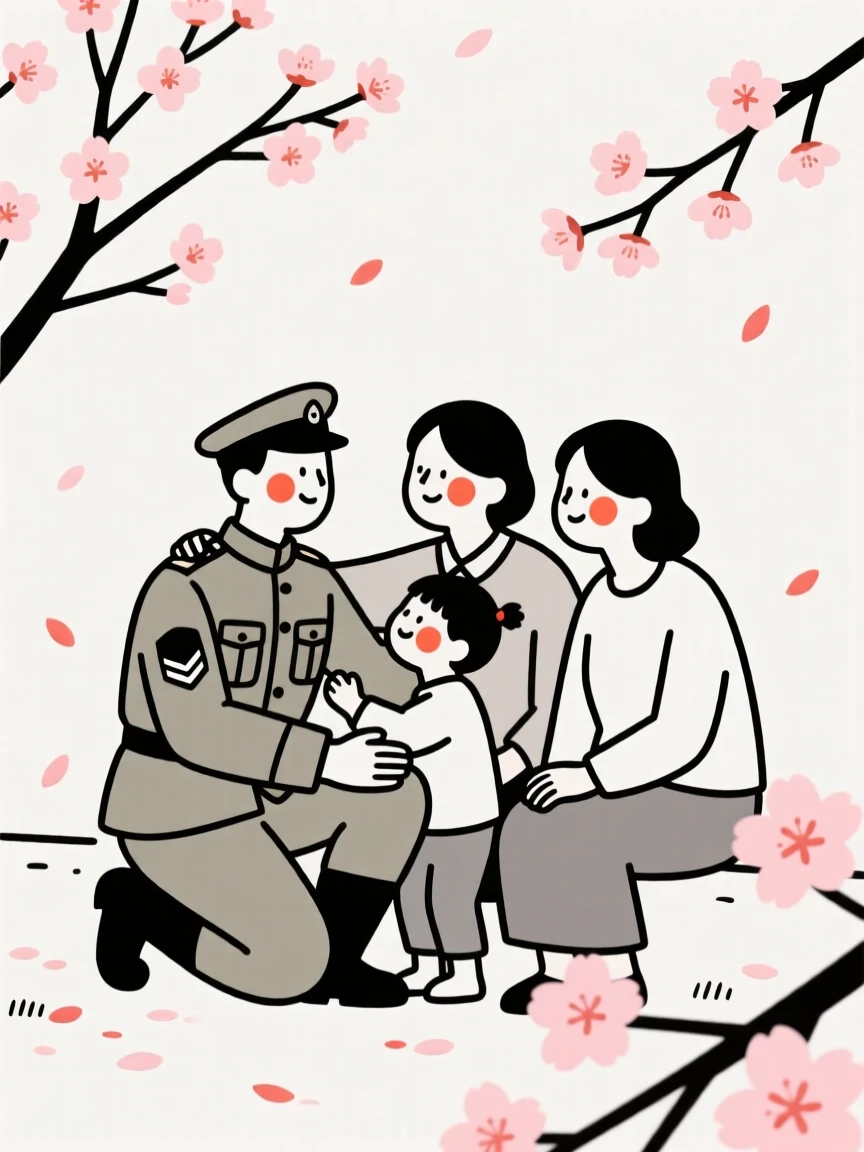 A soldier reuniting with family, resting in calm stillness, in a blooming cherry blossom garden.