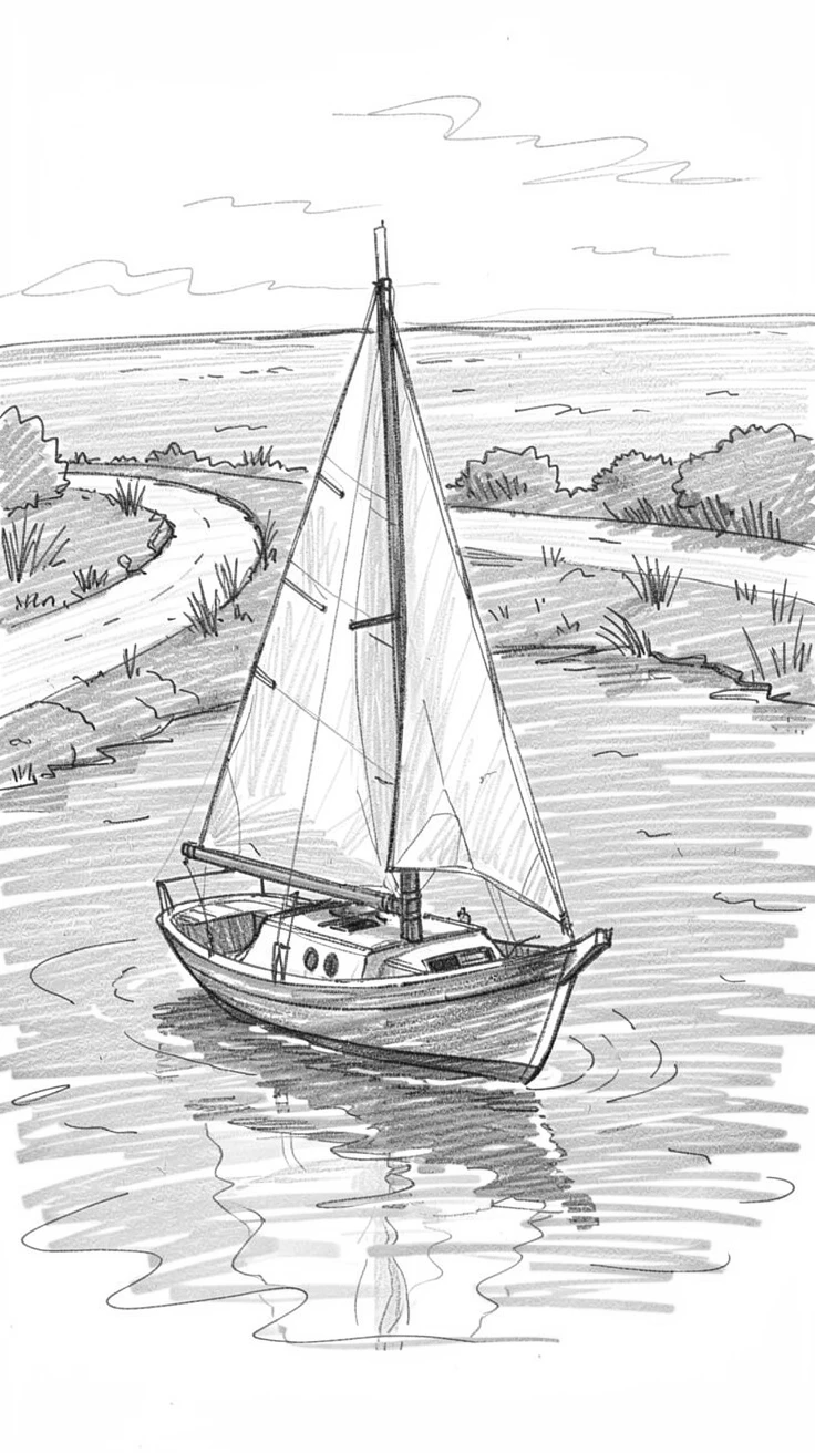 An eye-catching view of a sailboat gliding across calm turquoise water on a quiet countryside lane, with the ocean stretching out beyond.