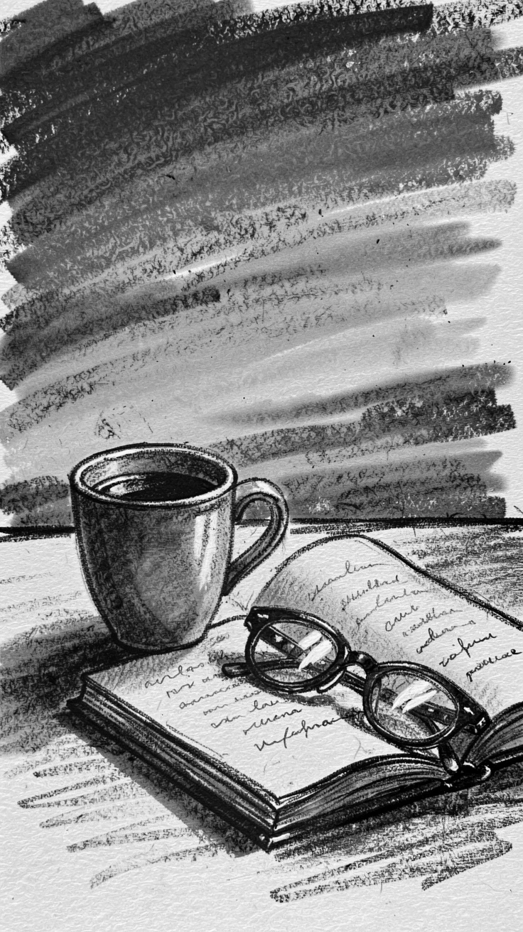 A cup of coffee beside an open journal and reading glasses, beneath a sky streaked with sunset colors.