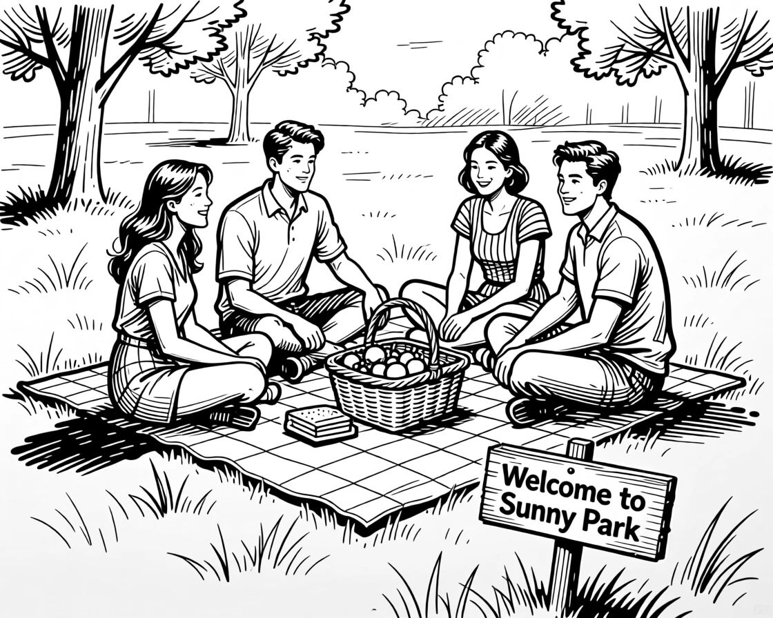 A group of friends having a picnic in a sunny park.