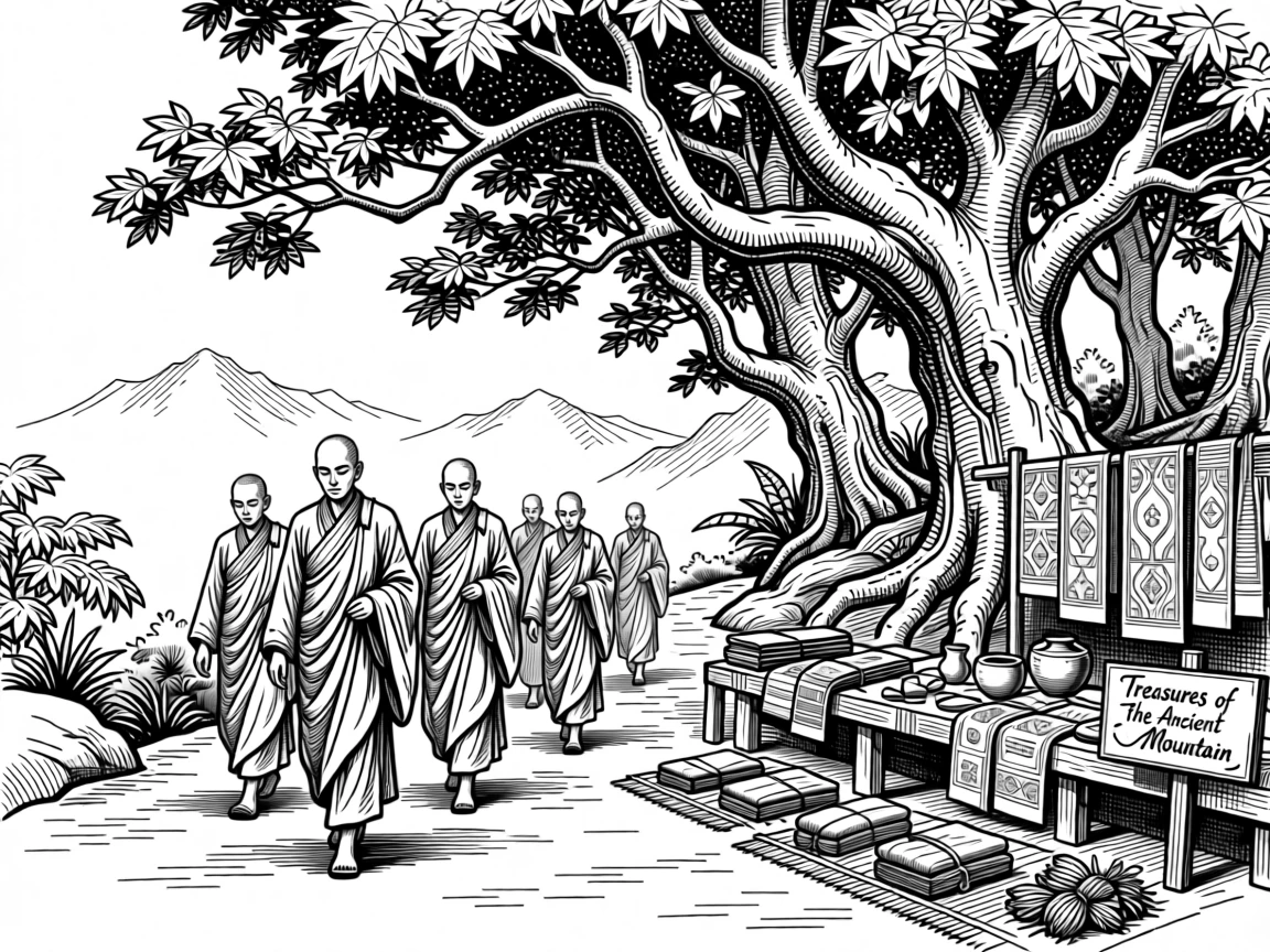 A group of monks walking a mountain path beneath the shade of ancient trees, with goods and wares displayed with pride, portrayed in a vibrant with cultural pride historical scene.