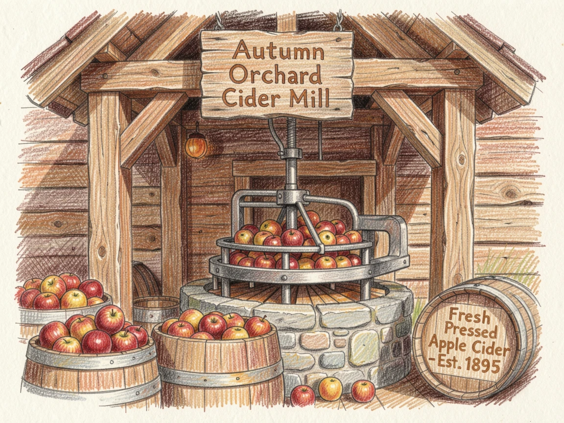 A rustic apple cider mill pressing fresh autumn apples, captured in a quiet, intimate moment full of atmosphere, capturing a quiet story that lingers with the viewer.