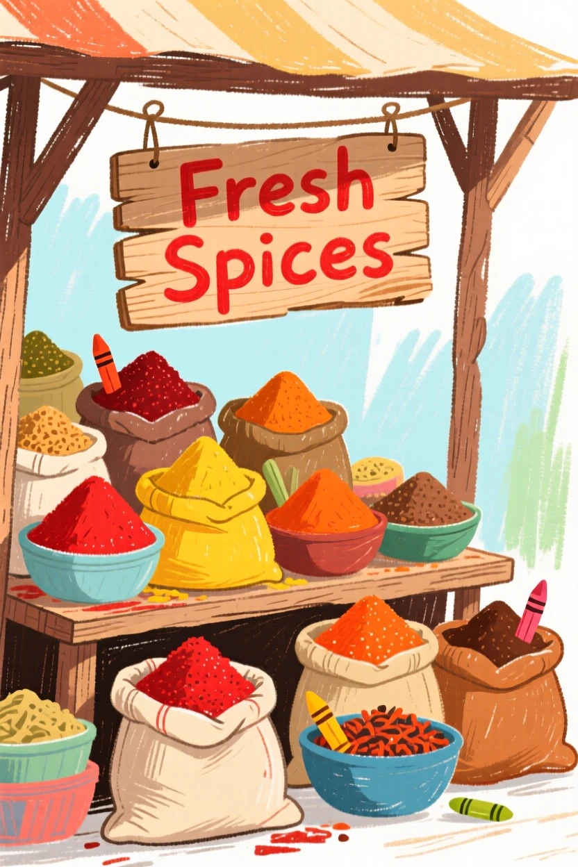 A market stall piled high with spices in vivid colors.