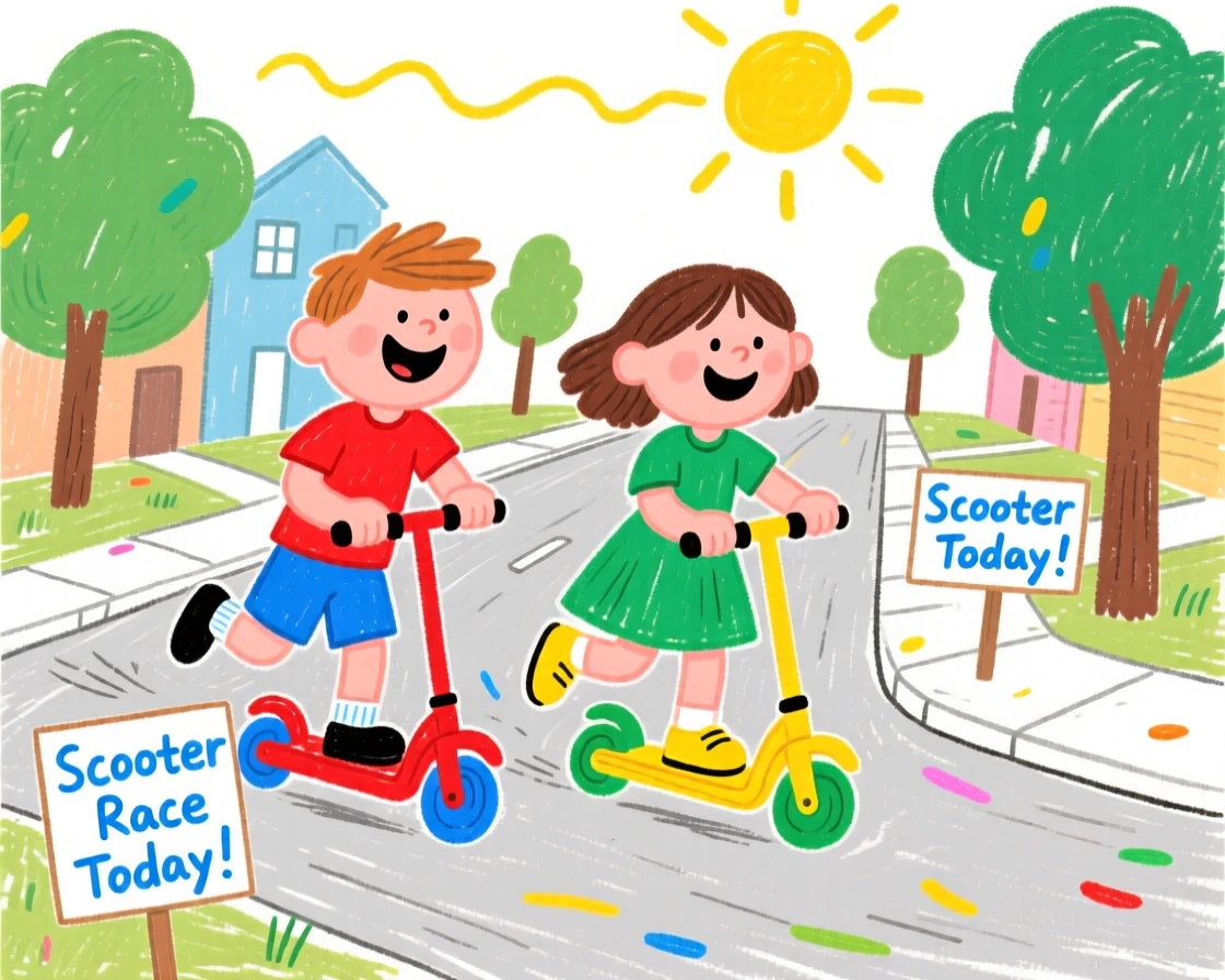 Friends racing each other on scooters down a quiet street.