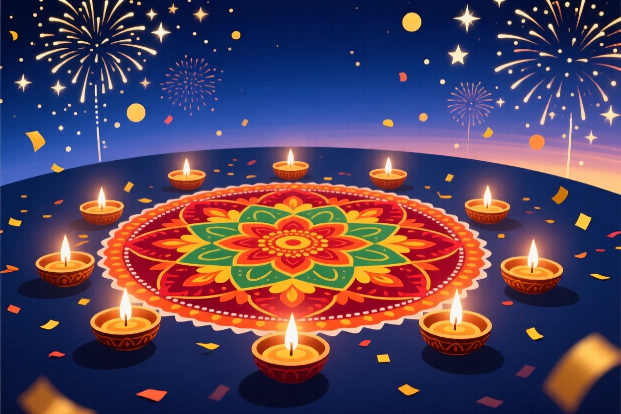 A festive Diwali rangoli pattern glowing with candlelight, set beneath a glowing night sky filled with celebration, arranged with confetti or lights adding sparkle to the scene, with a joyful sense of togetherness and celebration.