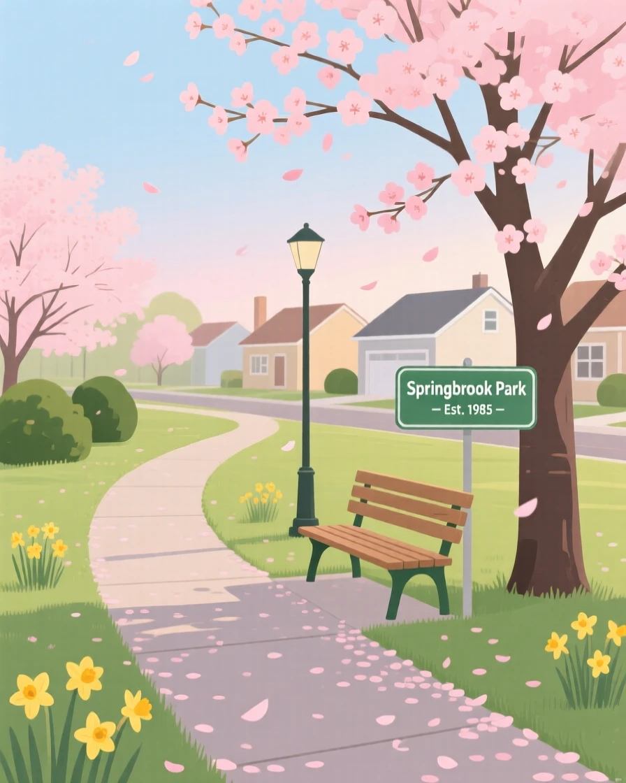 A spring scene of a quiet morning walk in a quiet suburban park.