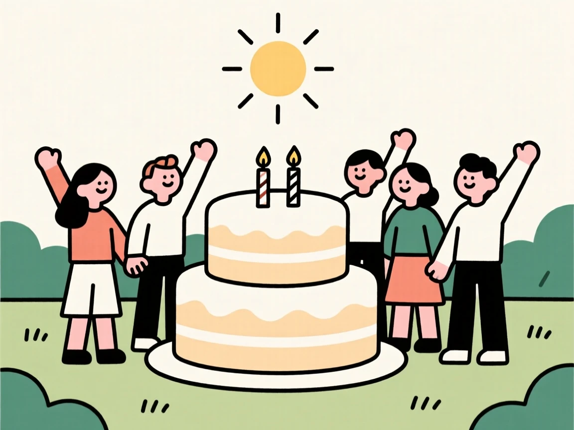 Friends gathered for a garden reception in a sunny garden, surrounded by a tiered celebration cake, radiating warm togetherness.