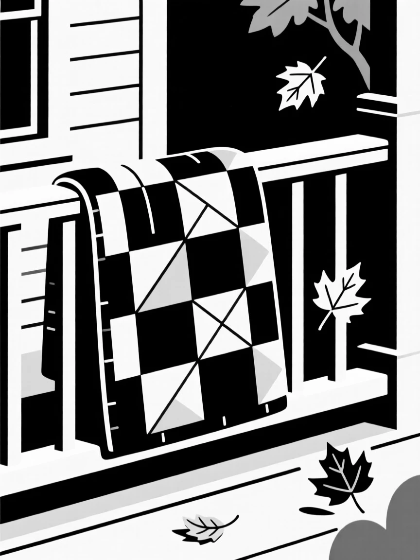 A warm quilt draped over a porch railing in autumn.