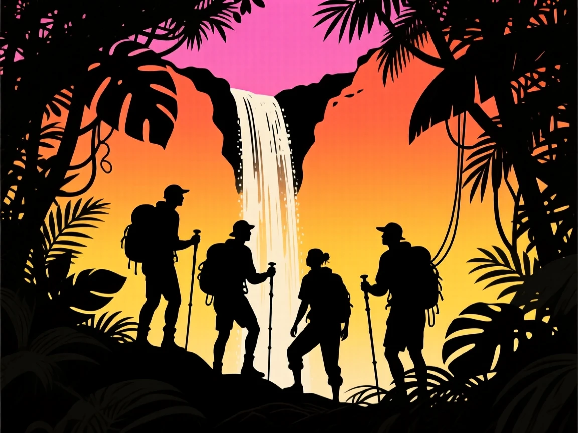 A group of adventurers exploring a hidden waterfall behind dense jungle foliage.