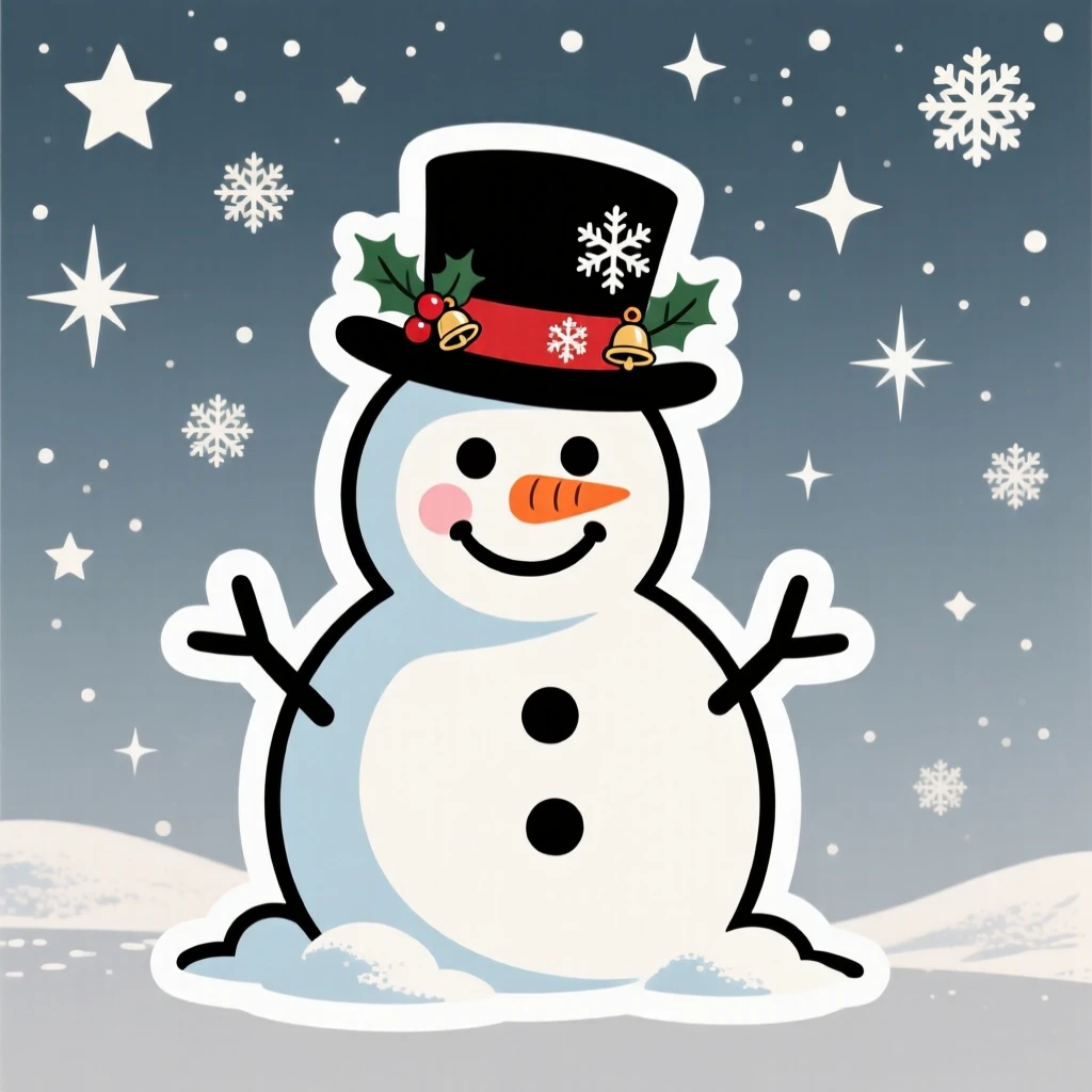 A warmly nostalgic smiling snowman with a carrot nose and top hat, decorated with ribbons and small ornaments, under a sky full of stars on a special night.