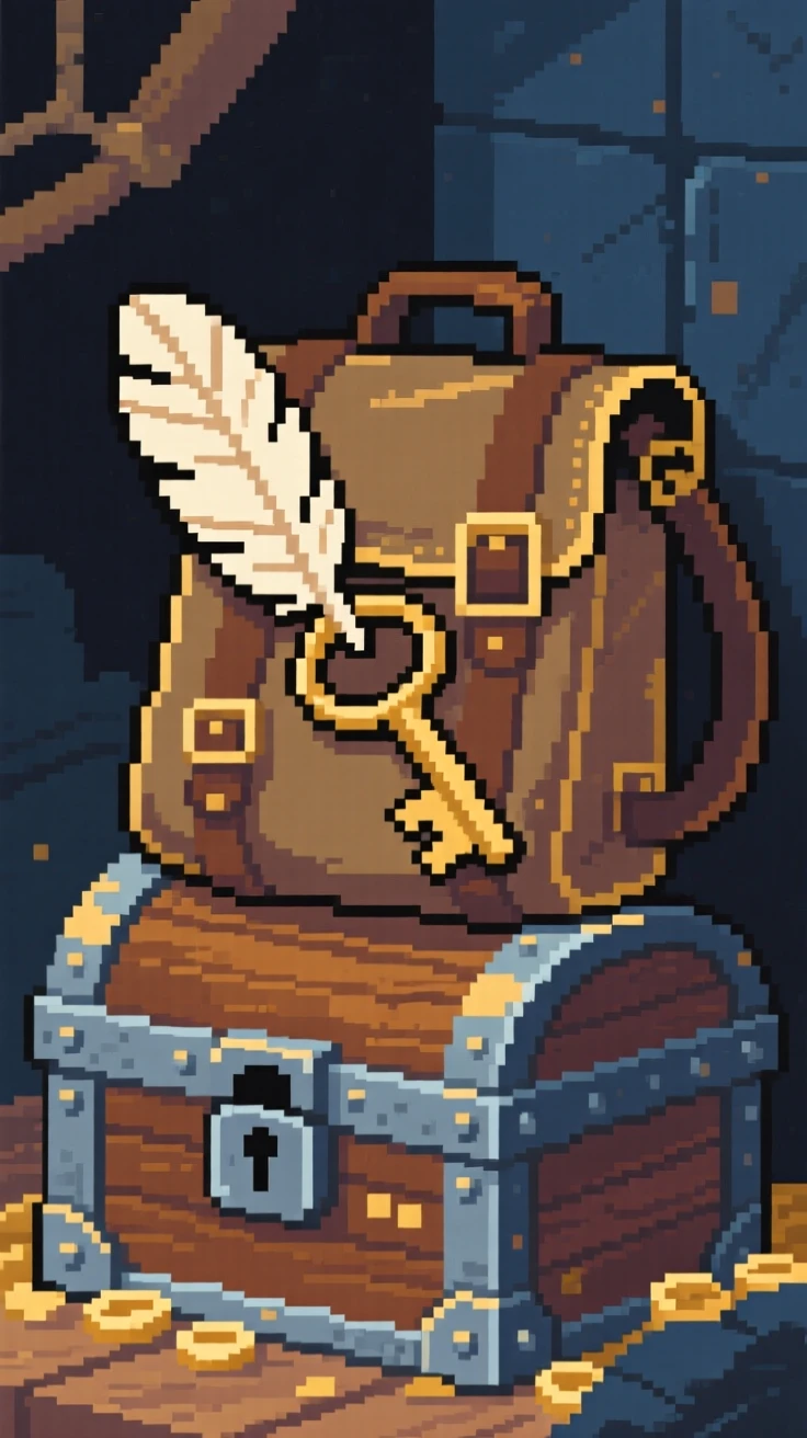 A key shaped like a feather tucked inside an adventurer's travel bag, atop a pirate's buried treasure chest.