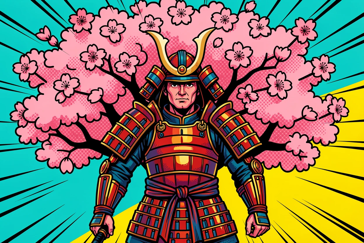 A samurai standing beneath a blooming cherry tree in full armor