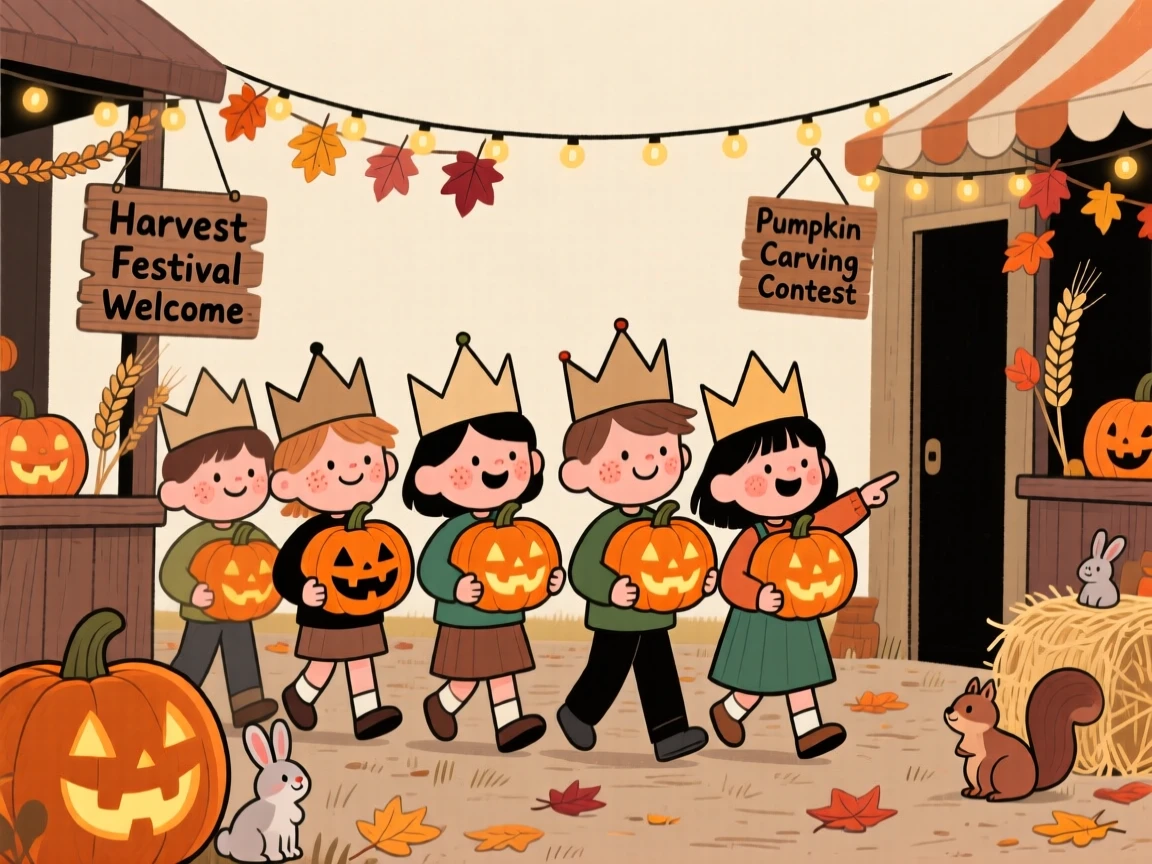 Children in paper crowns carry carved pumpkins through a autumn fairground decorated for a harvest festival, giggling at every doorway.