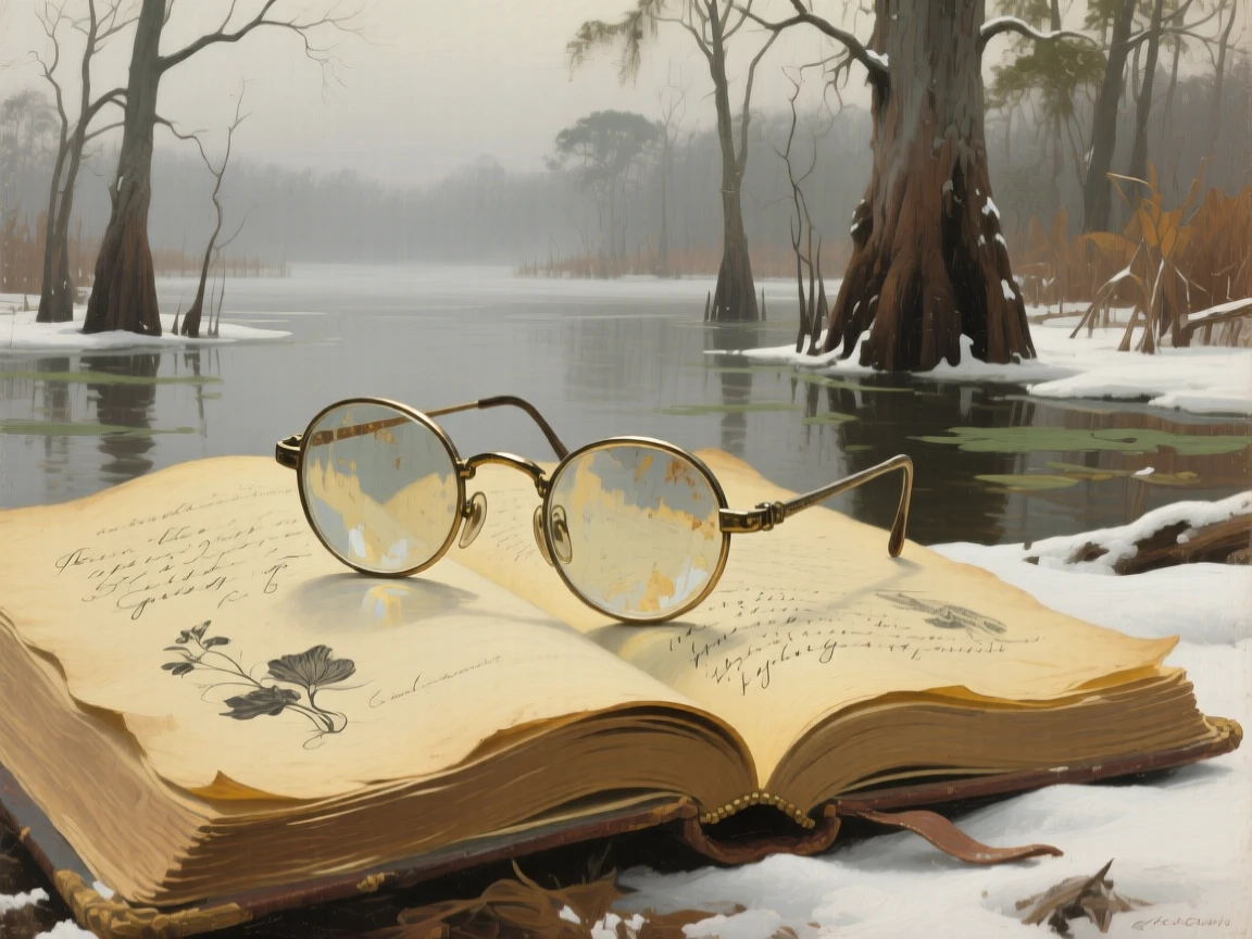 A close-up view of a pair of spectacles resting atop an open journal, in deep winter, in the Louisiana bayou.