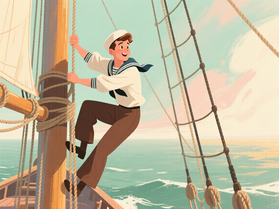 A sailor climbing the rigging of a tall ship at sea