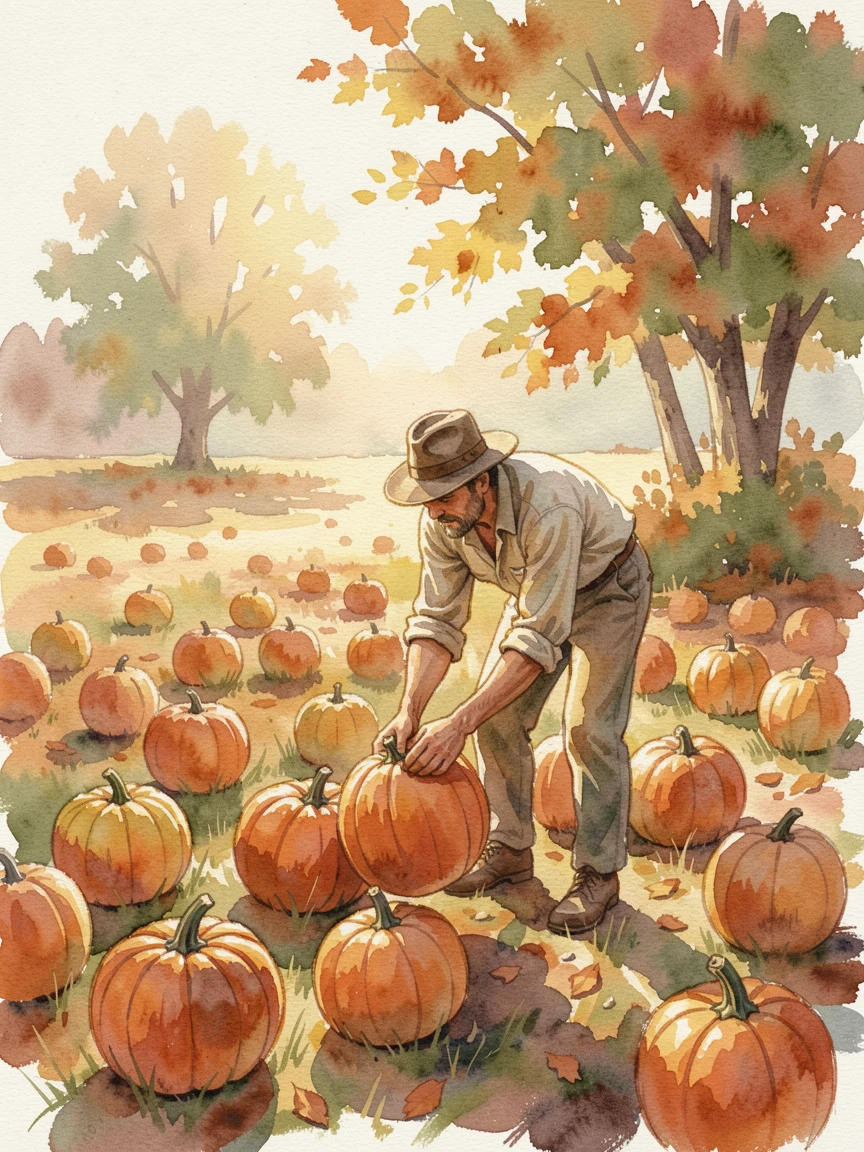 A farmer harvesting pumpkins in an autumn field as the golden afternoon light filters through nearby trees.