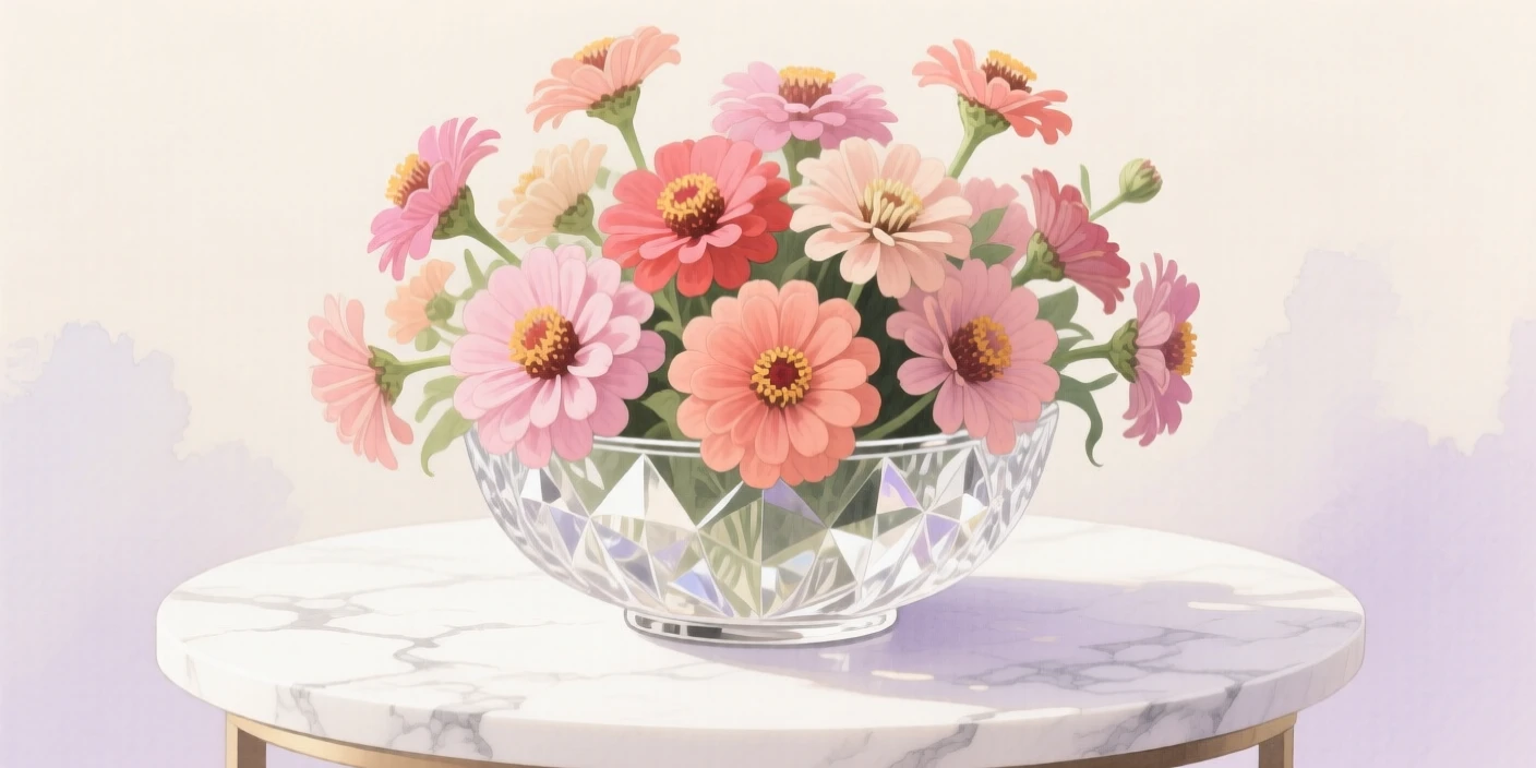A bouquet of zinnias in soft, layered tones fills a delicate crystal bowl on a marble side table, petals catching the gentle light