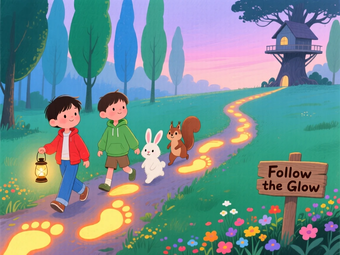 An adventurous scene of a group of friends following a trail of glowing footprints.