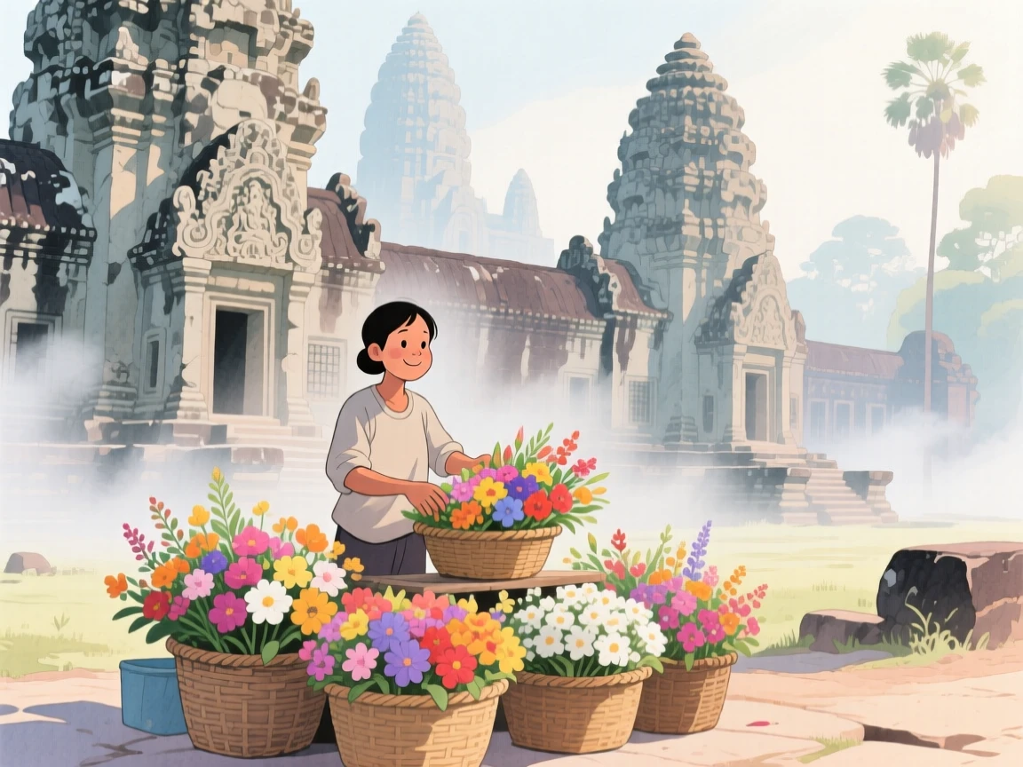 A local vendor arranges baskets of fresh flowers amid the ancient temples of Angkor Wat wrapped in morning mist, inspiring a dream of far-off horizons.