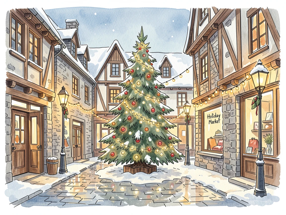 A snow-covered village square decorated with twinkling holiday lights, soft light and seasonal color bringing the moment to life.