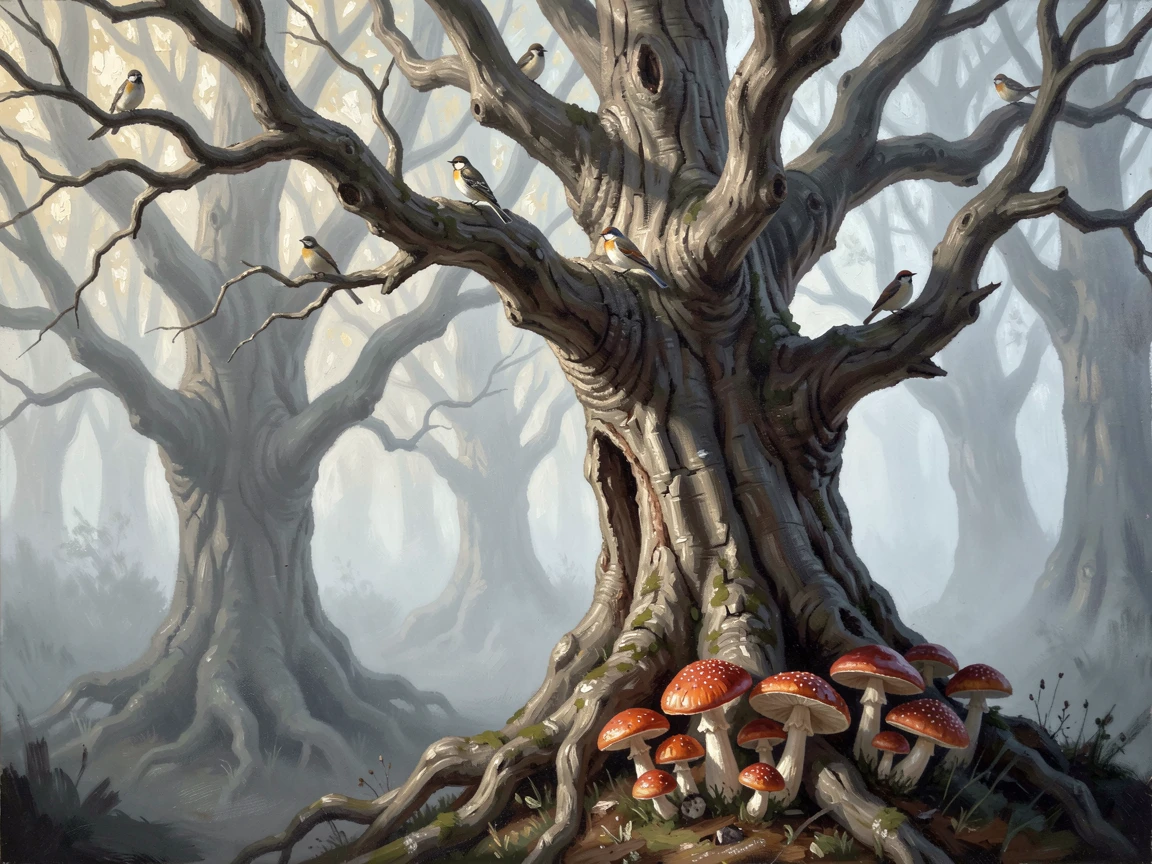 A dark, fairy-tale forest with twisted, gnarled trees, where wild mushrooms cluster at the base of an ancient trunk, birdsong echoing through the still air, in early morning, mist curling low between the trunks.