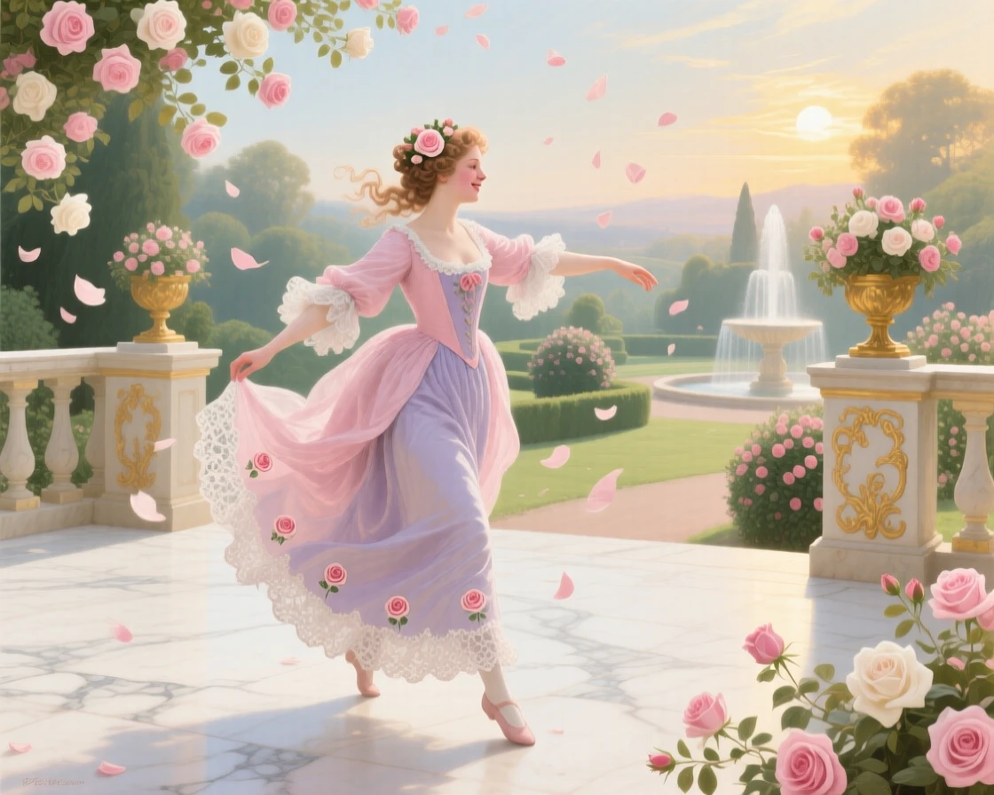 A lady representing grace, dancing across a marble terrace as roses fall around her  