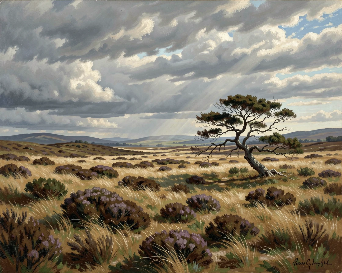 A windswept moor beneath drifting clouds.