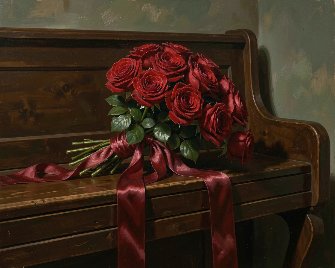 A bouquet of red roses tied with ribbon resting on a piano bench, with a timeless, refined composition throughout, offering a classic, gallery-worthy still life composition
