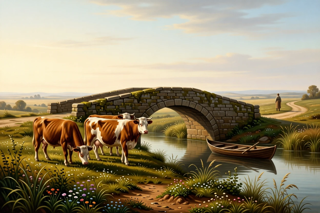 A peaceful countryside with grazing cattle beside a rustic stone bridge stretching endlessly toward a hazy, distant horizon, set within reach of a winding country path, with a distant figure or small boat lending quiet scale to the vastness; foreground detail frames a sweeping, luminous background, suggesting harmony between the natural world and the soul.