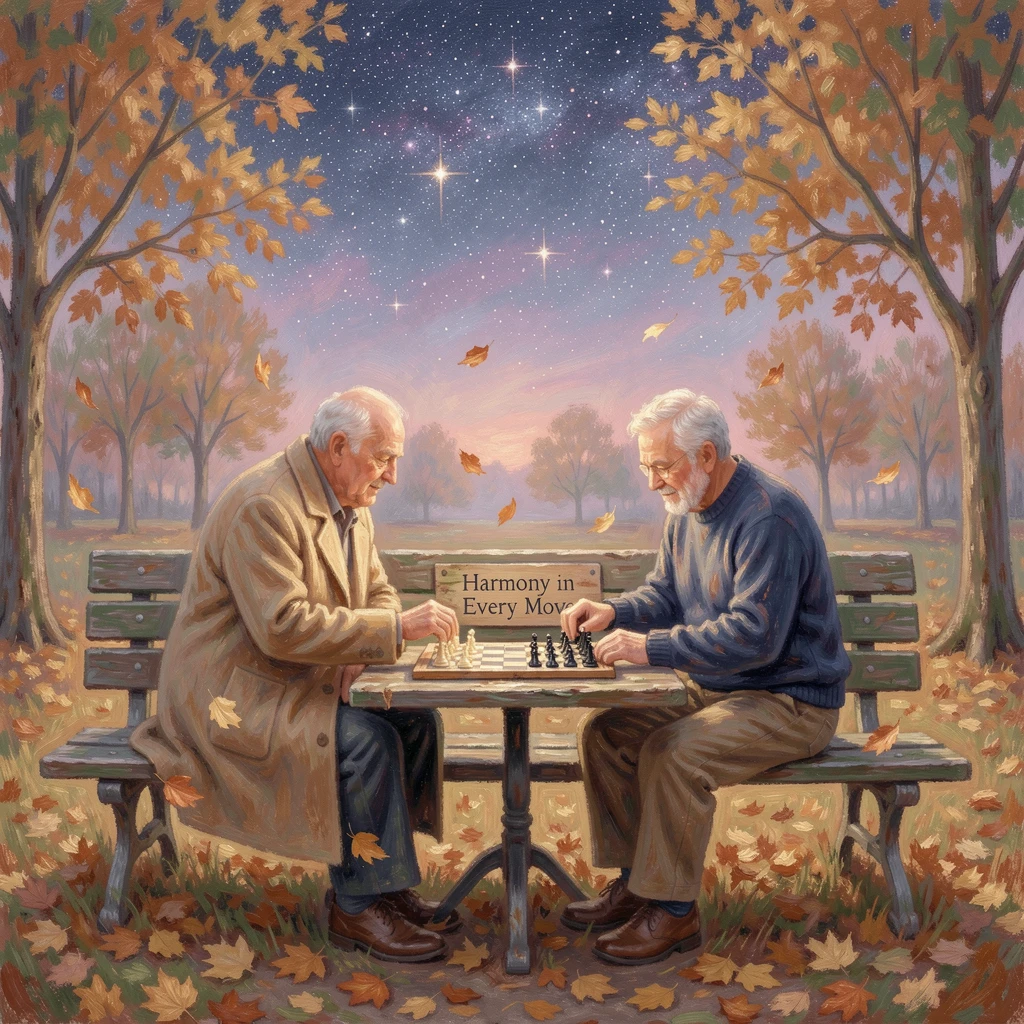 Two elderly friends playing chess on a park bench, autumn leaves scattered around their feet, under a canopy of stars.