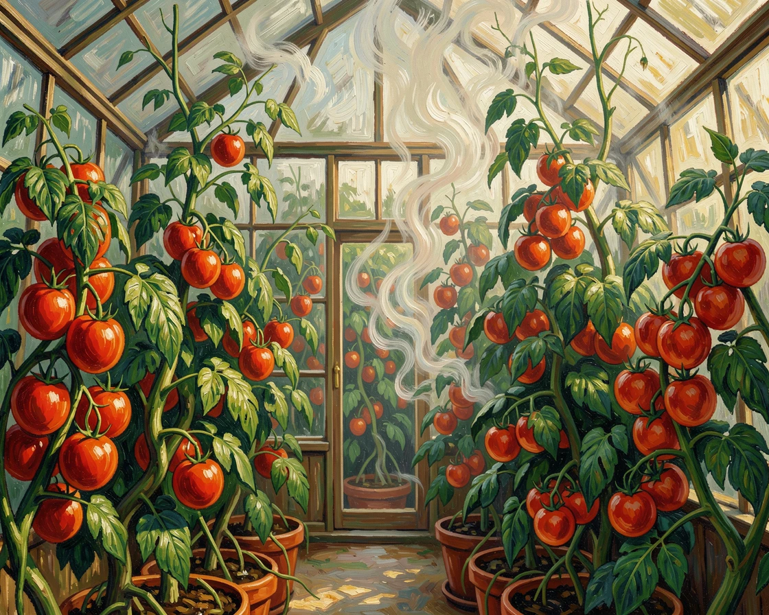 A garden greenhouse steamy with warmth, tomato vines climbing toward the glass roof.