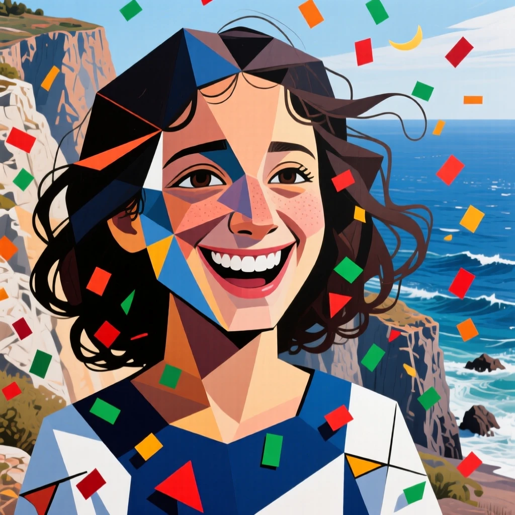 An intimate close-up of a teenage girl of Greek heritage grinning as confetti falls around them, on a windswept coastal cliff.