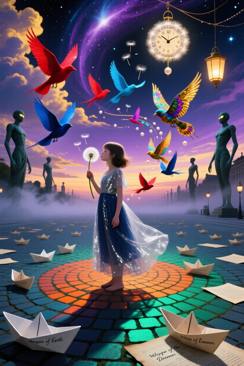 A girl blowing dandelion seeds that turn into birds mid-air stands motionless at the center of a quiet plaza, as tiny paper boats drift past their feet.