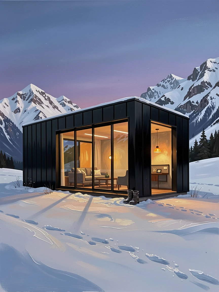A modern minimalist mountain retreat shows a black steel exterior against snow, floor-to-ceiling windows glowing warmly against the twilight landscape, the composition balancing grand scale with intimate, human-sized details throughout the frame.