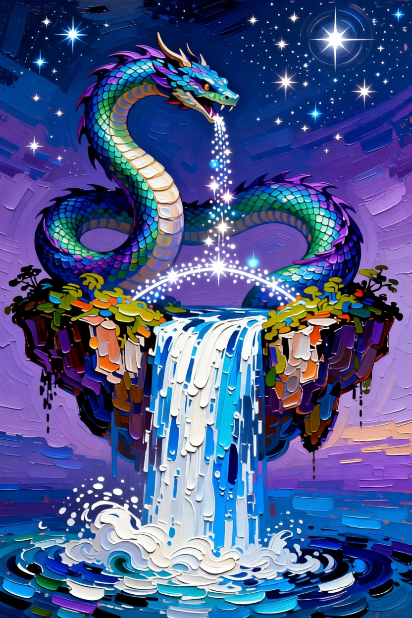 a serpent dragon coiled around a waterfall crossing a bridge of starlight between two floating islands