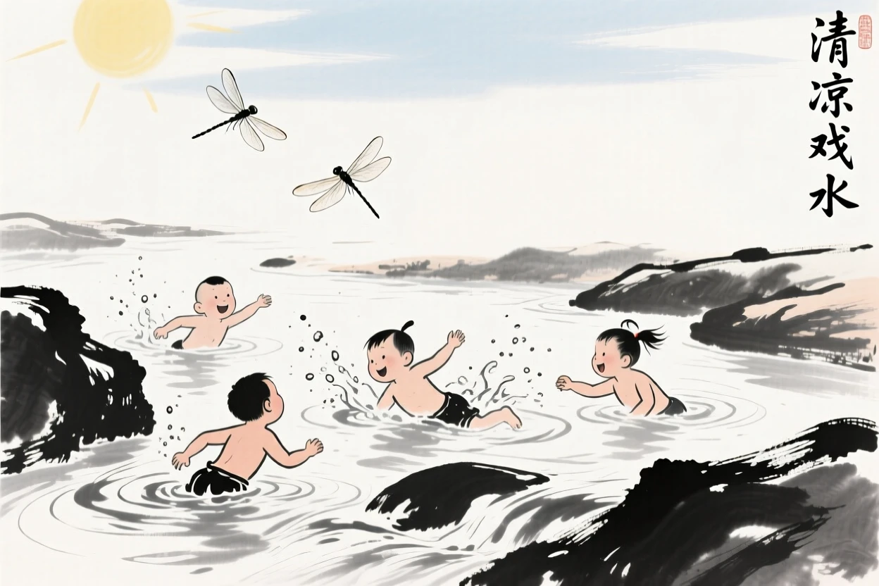 Children swim in a cool mountain stream on a hot afternoon, as dragonflies dart above the water's surface.
