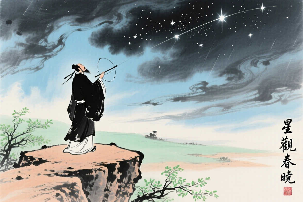 An ancient astronomer observing the stars from a stone platform at night, in early spring, under clearing skies after a storm.