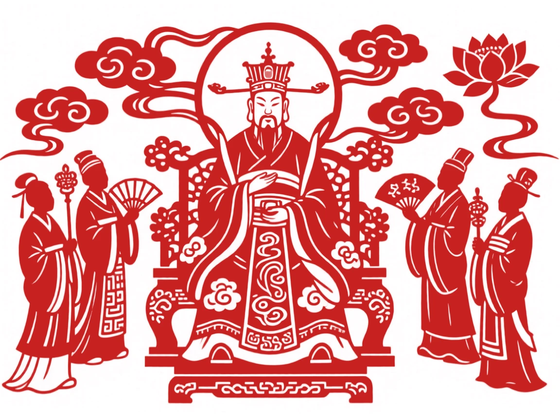 The Jade Emperor seated on his celestial throne, surrounded by attendants and swirling auspicious clouds