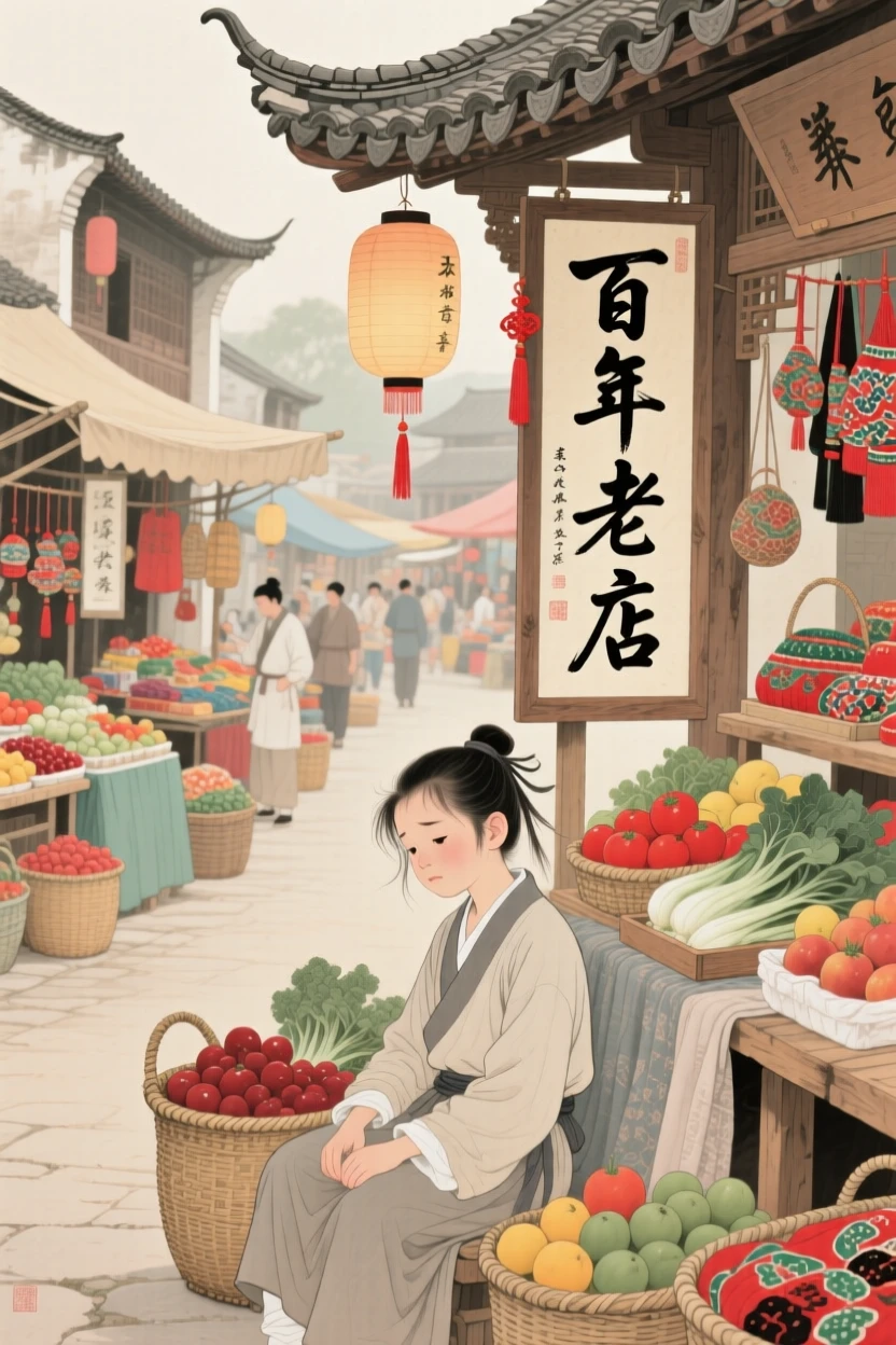 A young apprentice resting after a long day's journey in a marketplace bustling with color and life