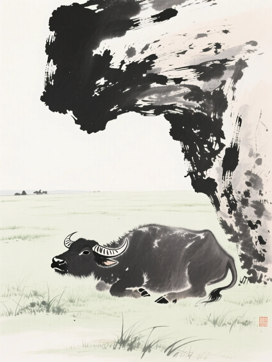 A water buffalo sheltering beneath overhanging rock across an open grassy plain, positioned off-center, leaving space for the quiet landscape around it, capturing a fleeting, tender moment of wild life.