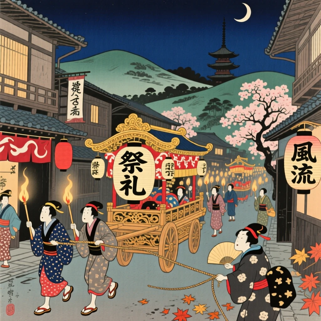 A parade of decorated floats moving slowly through a torch-lit street.