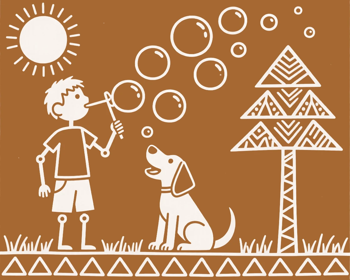 A boy and his pet dog blowing soap bubbles in the afternoon sun.