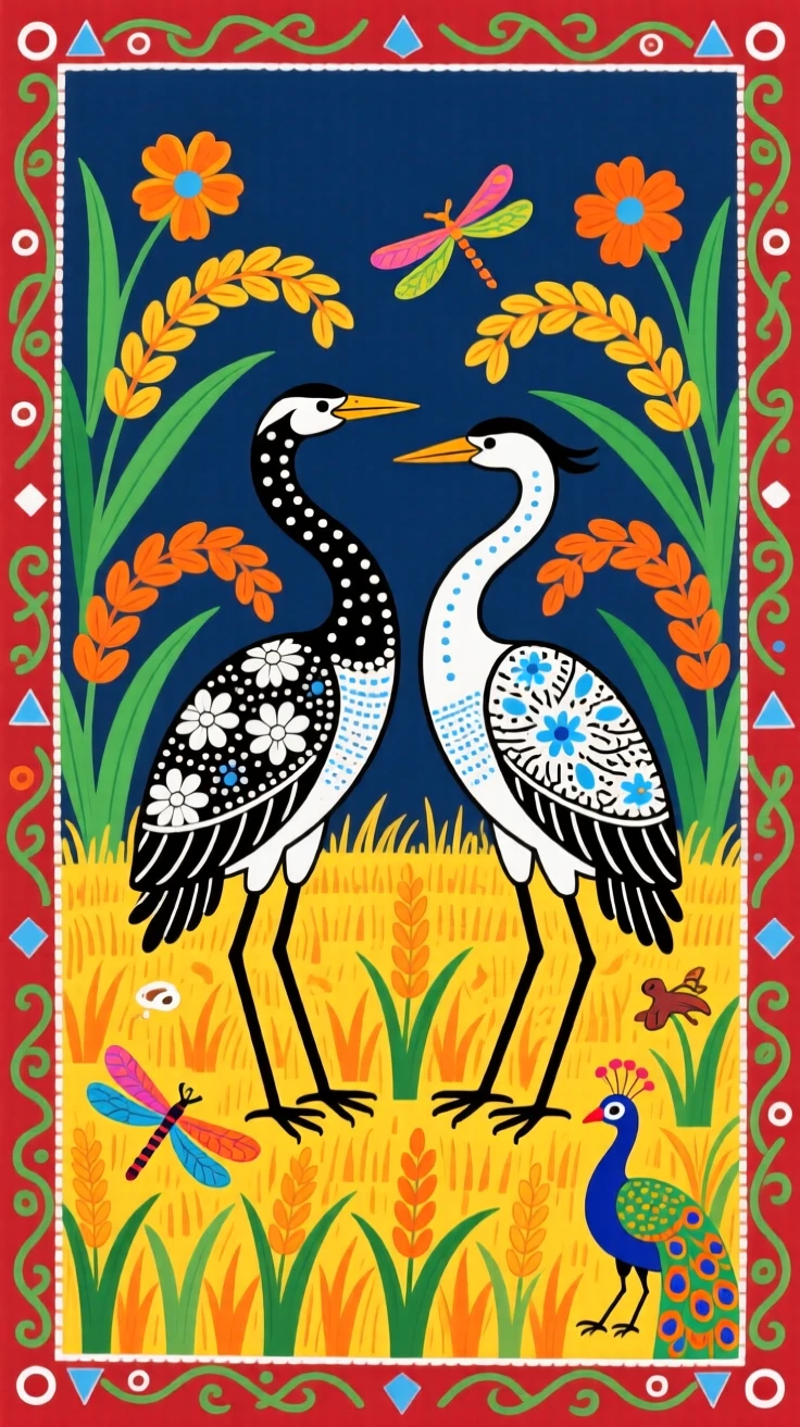 A pair of egrets standing together in a golden rice paddy.