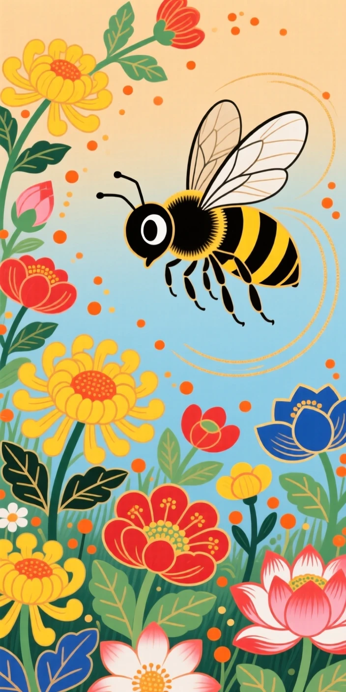 A honeybee fluttering through a field of wildflowers.