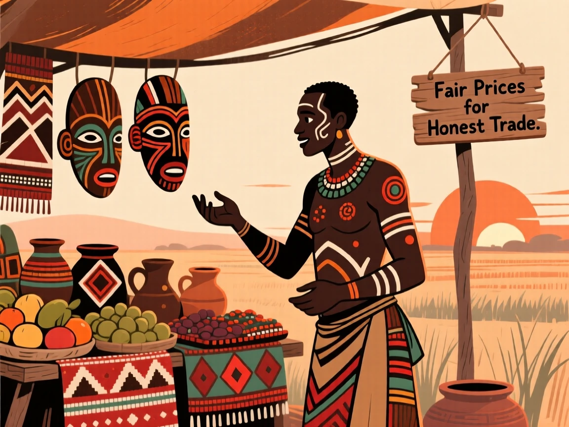 A market trader haggling over the price of goods as the sun rises over the fields.