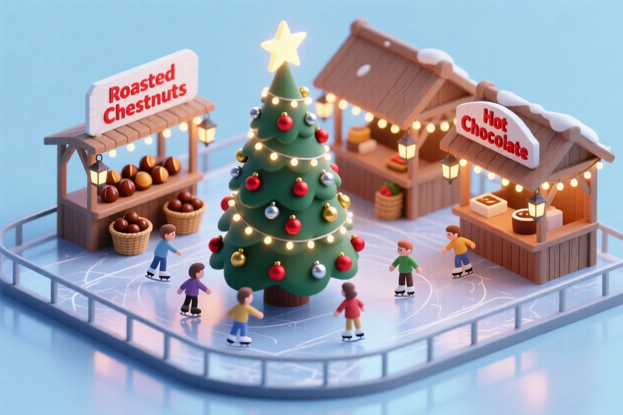 A Christmas market ice skating scene with a giant tree at the center, vendors selling roasted chestnuts nearby.