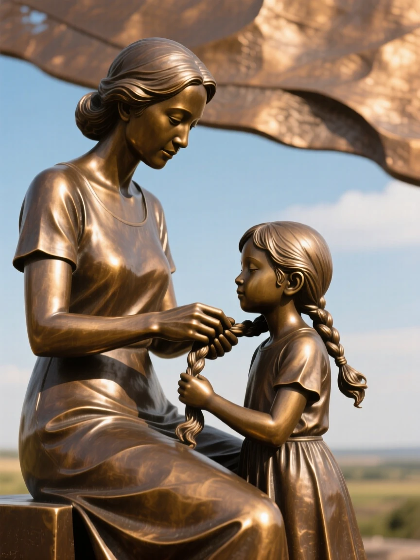 A mother braiding her daughter's hair, set against a vast, open sky, forming a strong central focal point