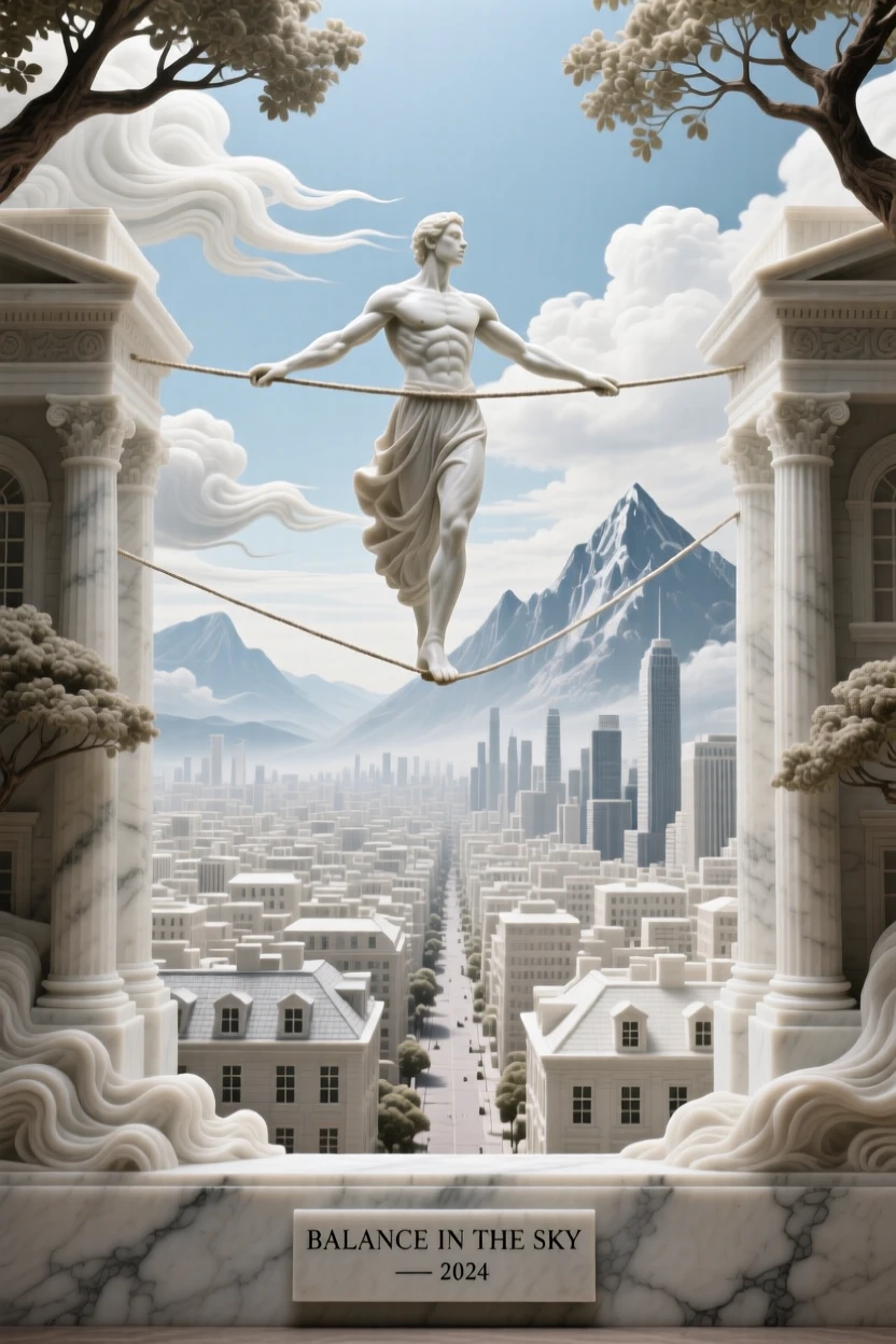 A beautifully composed image of a tightrope walker balanced high above a city, framed by dramatic natural scenery, full of atmosphere and visual storytelling