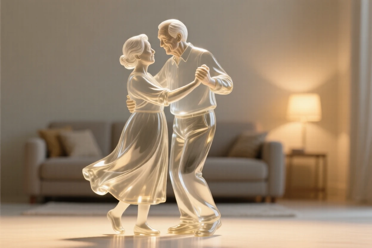 An elderly couple dancing slowly together in their living room as golden light spills across the room, while a warm light settles over the whole scene