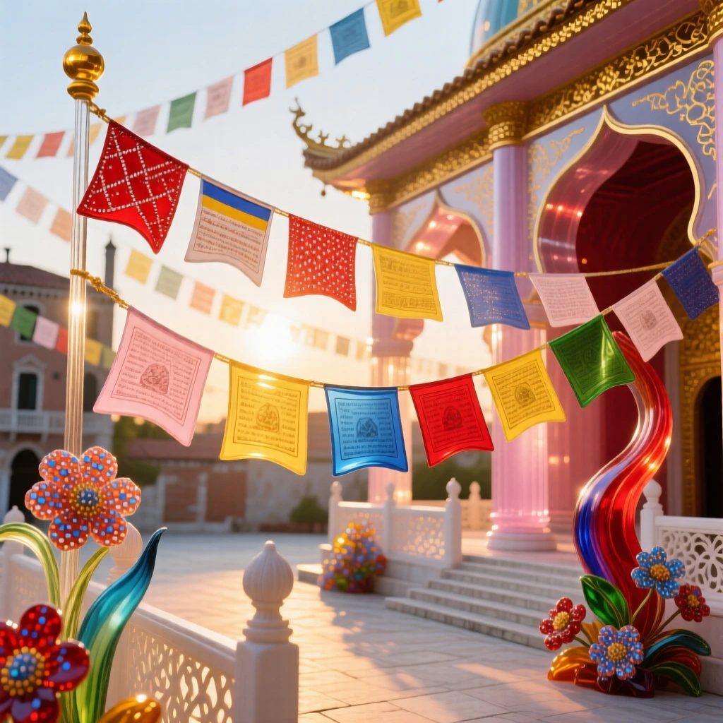 A grand temple courtyard filled with fluttering prayer flags at sunrise, spiritual and colorful.